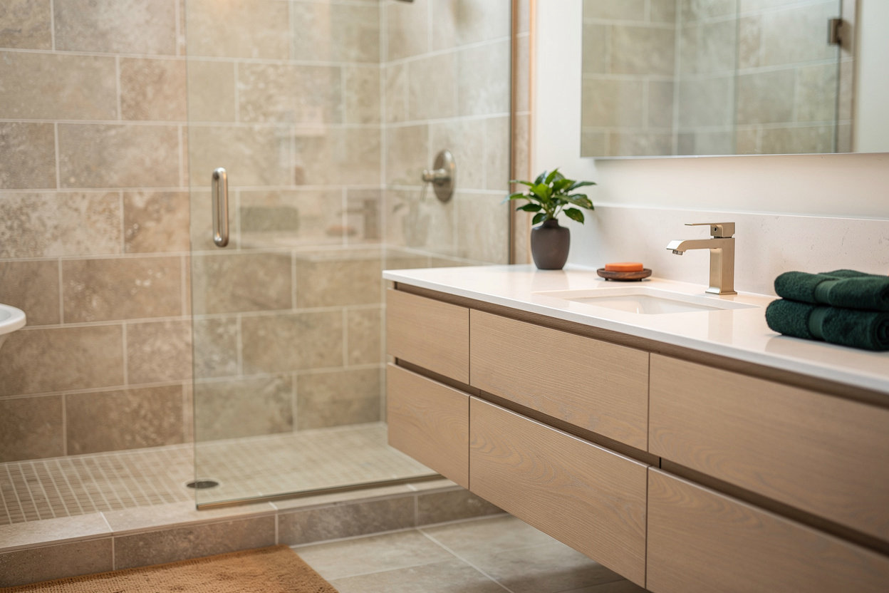 Contractor webstie luxury spa-style bathroom remodel with custom tile shower, modern fixtures, and heated floors